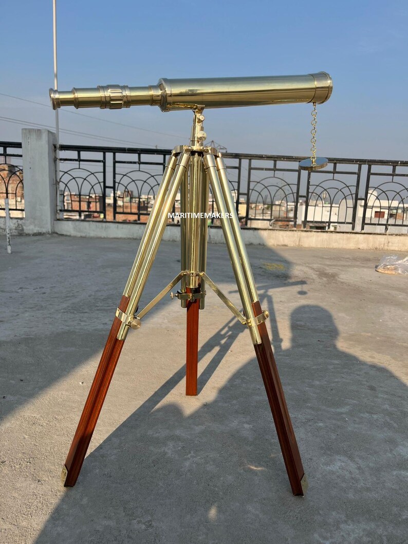 Double Barrel Brass Floor Standing Telescope 40" with Wooden Tripod Stand view 17