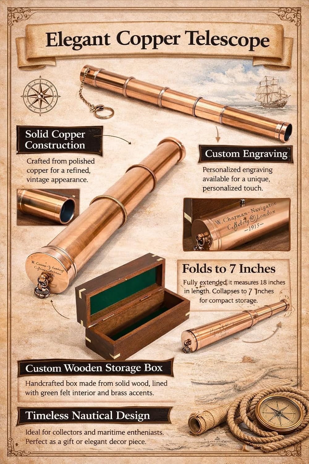 Copper Spyglass Telescope 17" with Wooden Box view 6