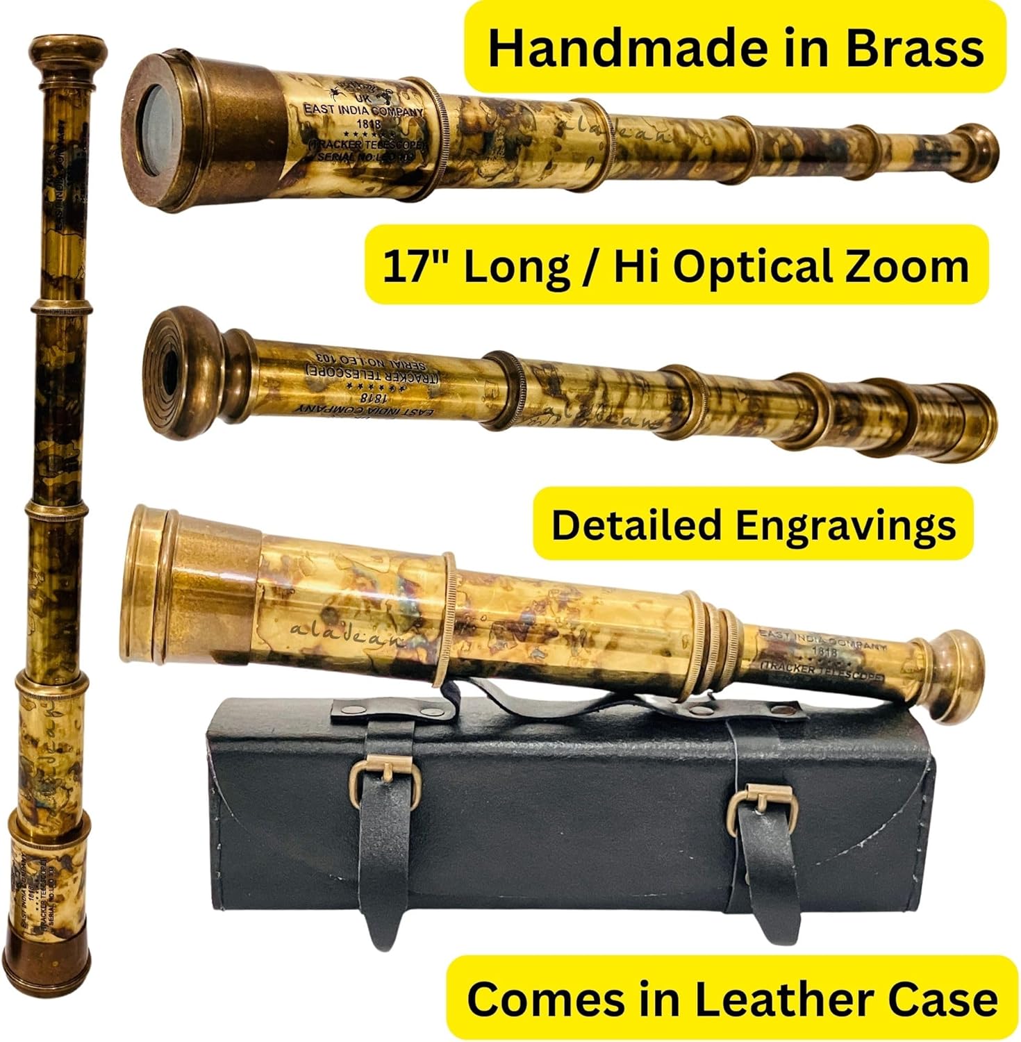 Brass Spyglass Telescope 17" with Leather Case view 2