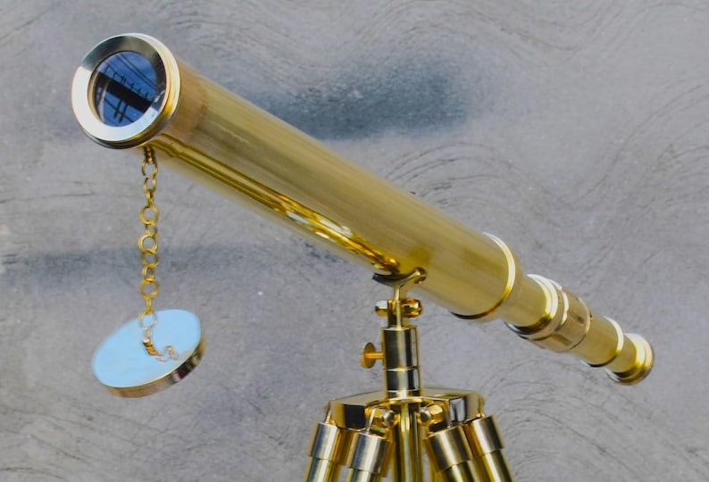 Brass Floor Standing Telescope 50" with Wooden Base Tripod with Brass Top Stand view 2