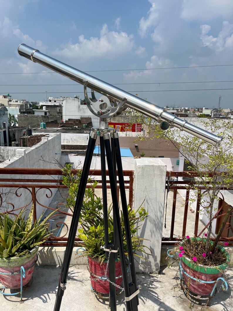 Chrome Finish Brass & Chrome Floor Standing Telescope 64" with Wooden Tripod view 3