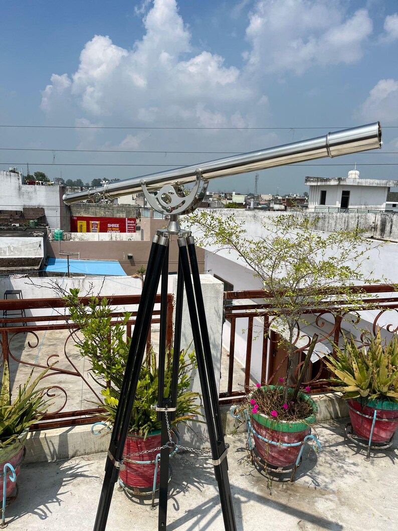 Chrome Finish Brass & Chrome Floor Standing Telescope 64" with Wooden Tripod view 5