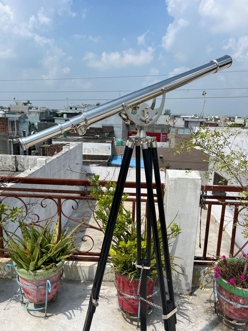 Chrome Finish Brass & Chrome Floor Standing Telescope 64" with Wooden Tripod view 6