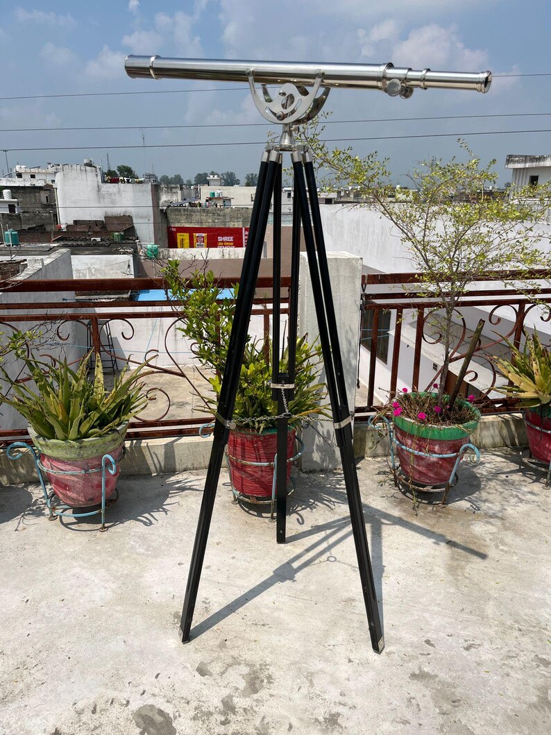 Chrome Finish Brass & Chrome Floor Standing Telescope 64" with Wooden Tripod view 7