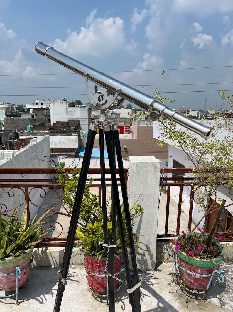 Chrome Finish Brass & Chrome Floor Standing Telescope 64" with Wooden Tripod view 11