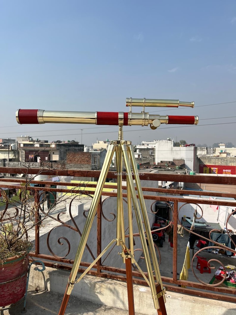 Double Barrel Brass Floor Standing Telescope 62" with Wooden Tripod Stand view 2