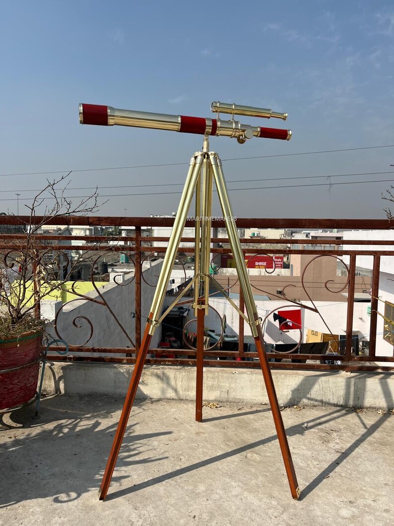Double Barrel Brass Floor Standing Telescope 62" with Wooden Tripod Stand view 3