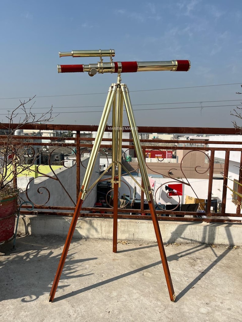 Double Barrel Brass Floor Standing Telescope 62" with Wooden Tripod Stand view 6