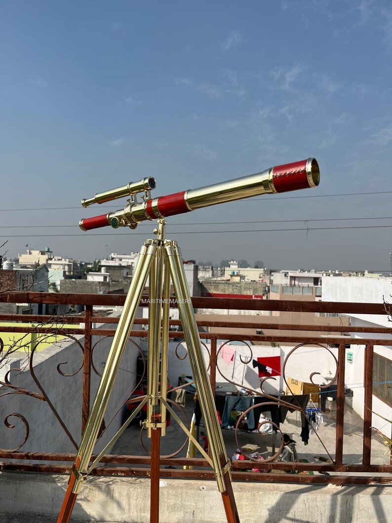Double Barrel Brass Floor Standing Telescope 62" with Wooden Tripod Stand view 7