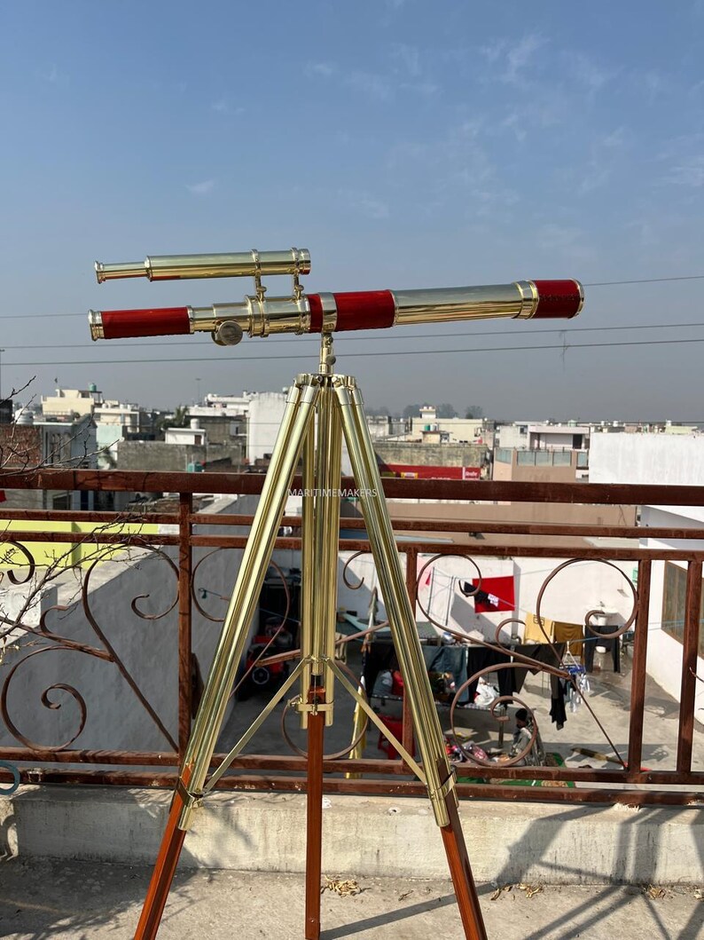 Double Barrel Brass Floor Standing Telescope 62" with Wooden Tripod Stand view 8