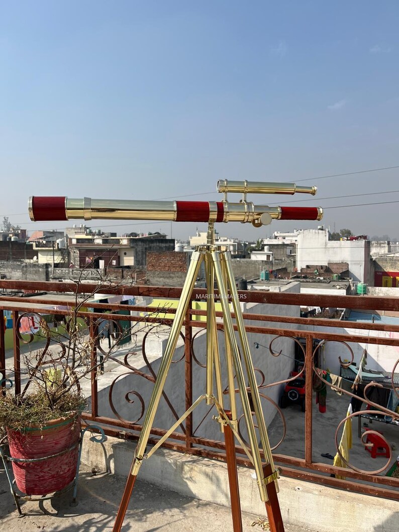 Double Barrel Brass Floor Standing Telescope 62" with Wooden Tripod Stand view 14
