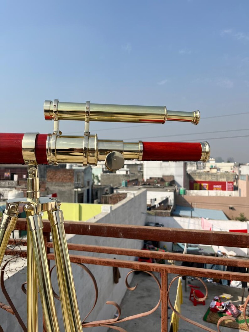 Double Barrel Brass Floor Standing Telescope 62" with Wooden Tripod Stand view 16