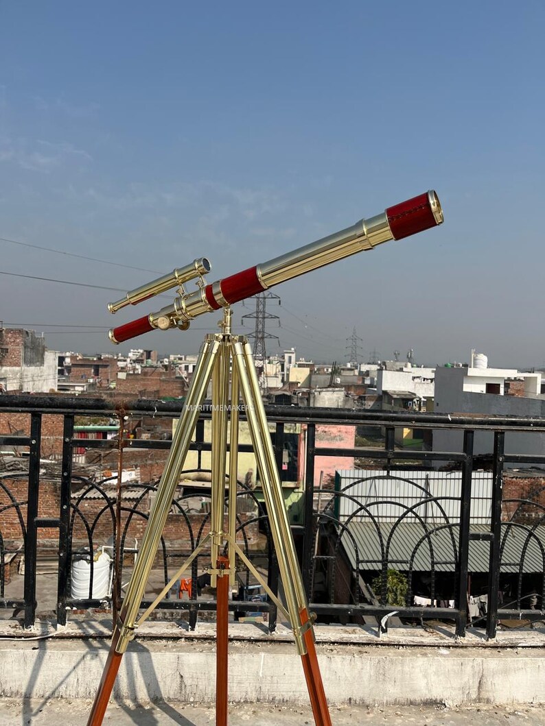 Double Barrel Brass Floor Standing Telescope 62" with Wooden Tripod Stand view 20