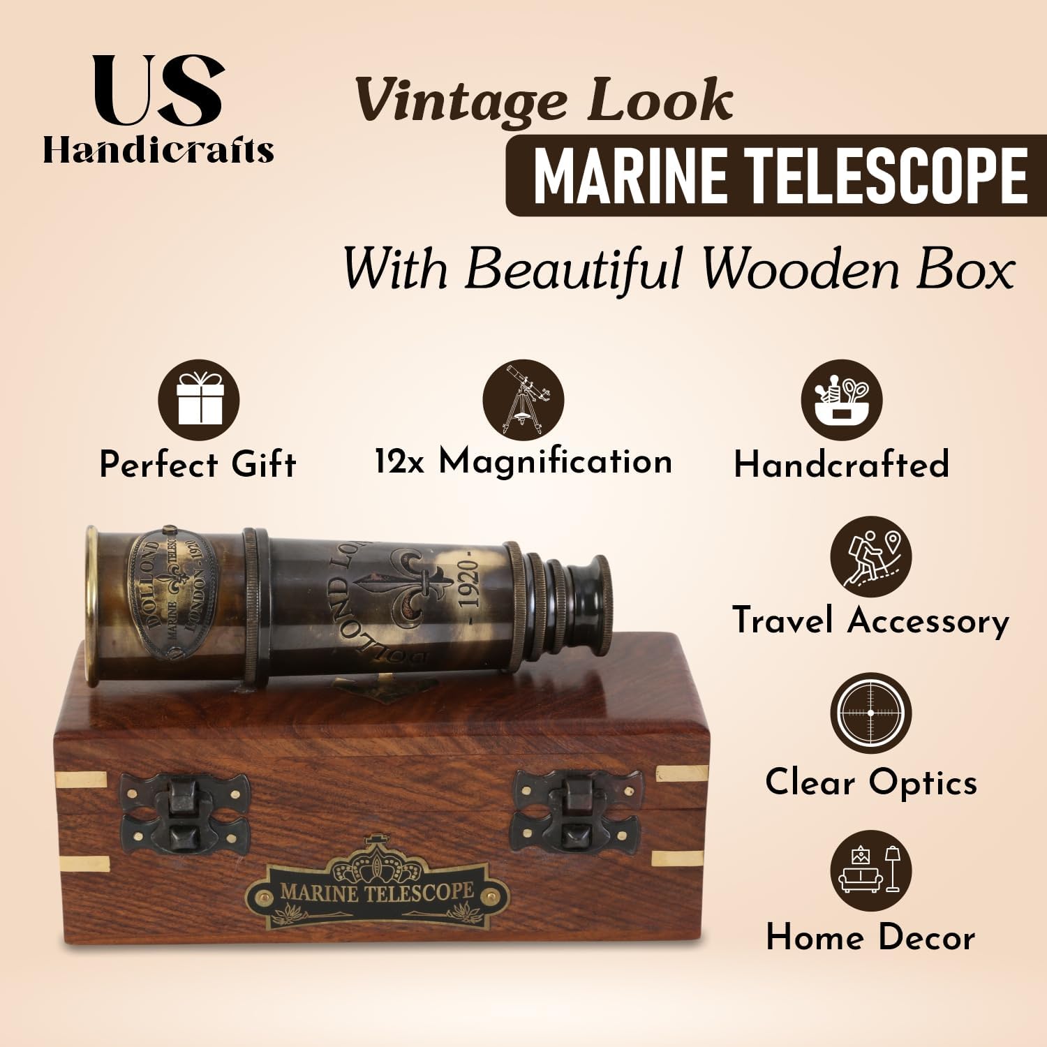 Brass Spyglass Telescope 19" with Wooden Box view 3