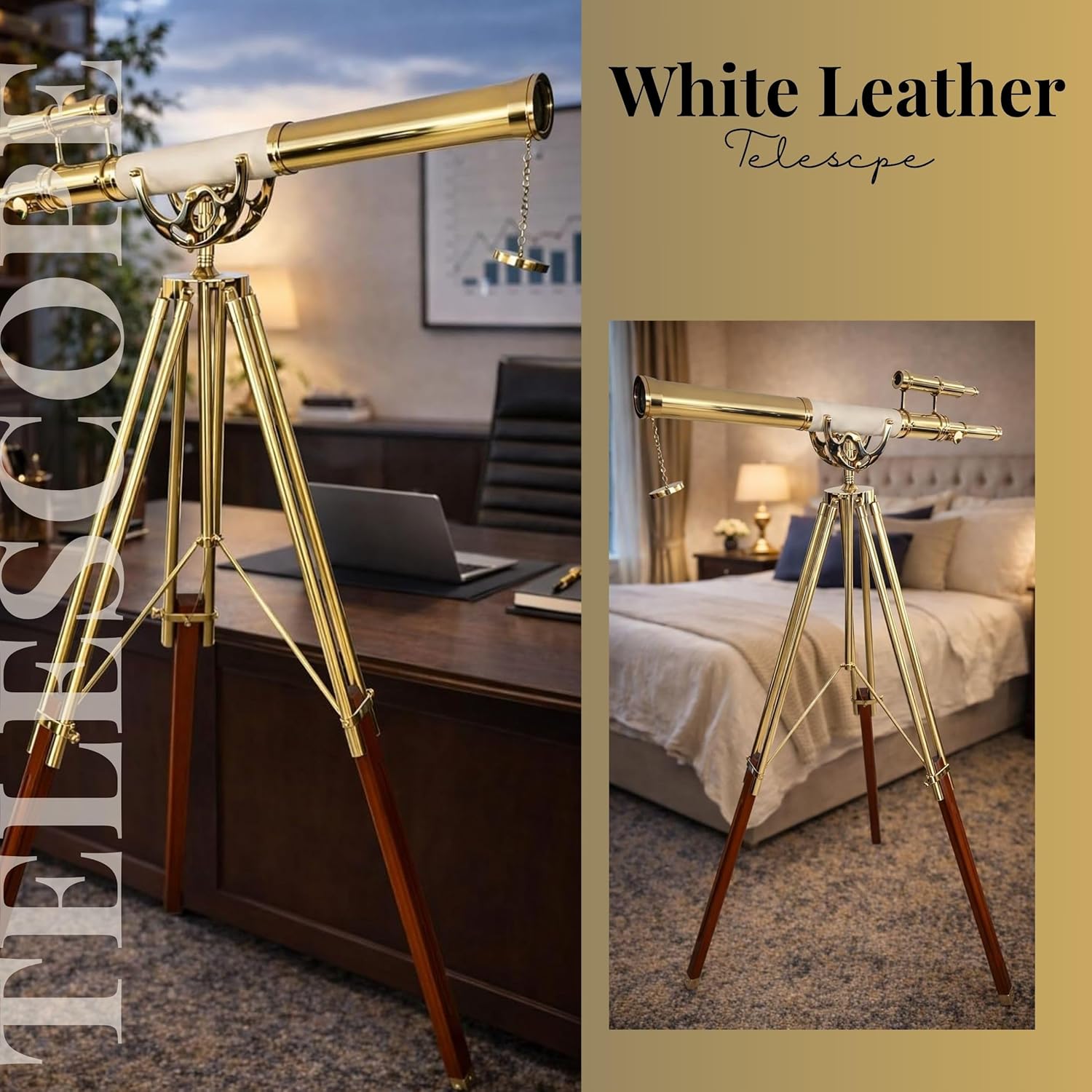 Double Barrel Brass & Leather Floor Standing Telescope 63" with Brass Tripod Stand with Wooden Base view 3