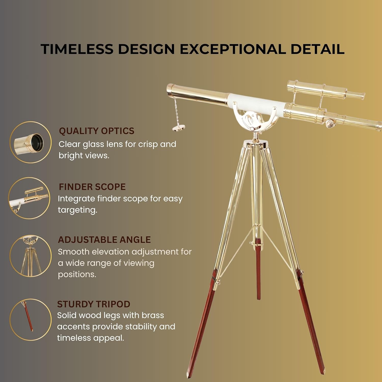 Double Barrel Brass & Leather Floor Standing Telescope 63" with Brass Tripod Stand with Wooden Base view 5