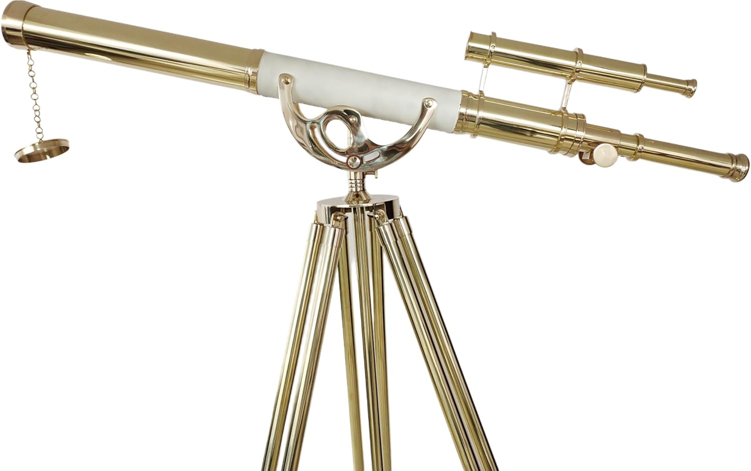 Double Barrel Brass & Leather Floor Standing Telescope 63" with Brass Tripod Stand with Wooden Base view 6