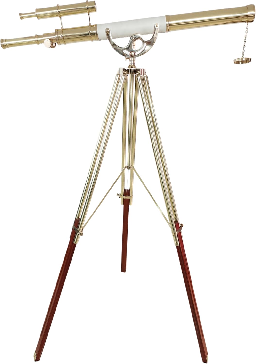 Double Barrel Brass & Leather Floor Standing Telescope 63" with Brass Tripod Stand with Wooden Base view 8