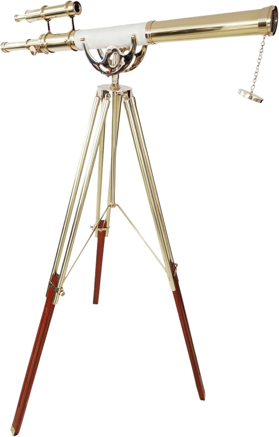 Double Barrel Brass & Leather Floor Standing Telescope 63" with Brass Tripod Stand with Wooden Base view 9
