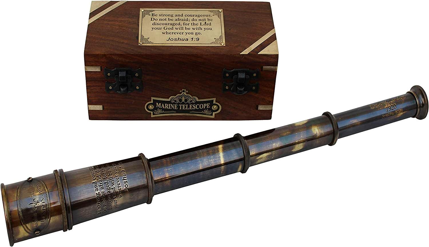 Engraved Joshua 1:9 Brass Spyglass 16" with Wooden Box view 5