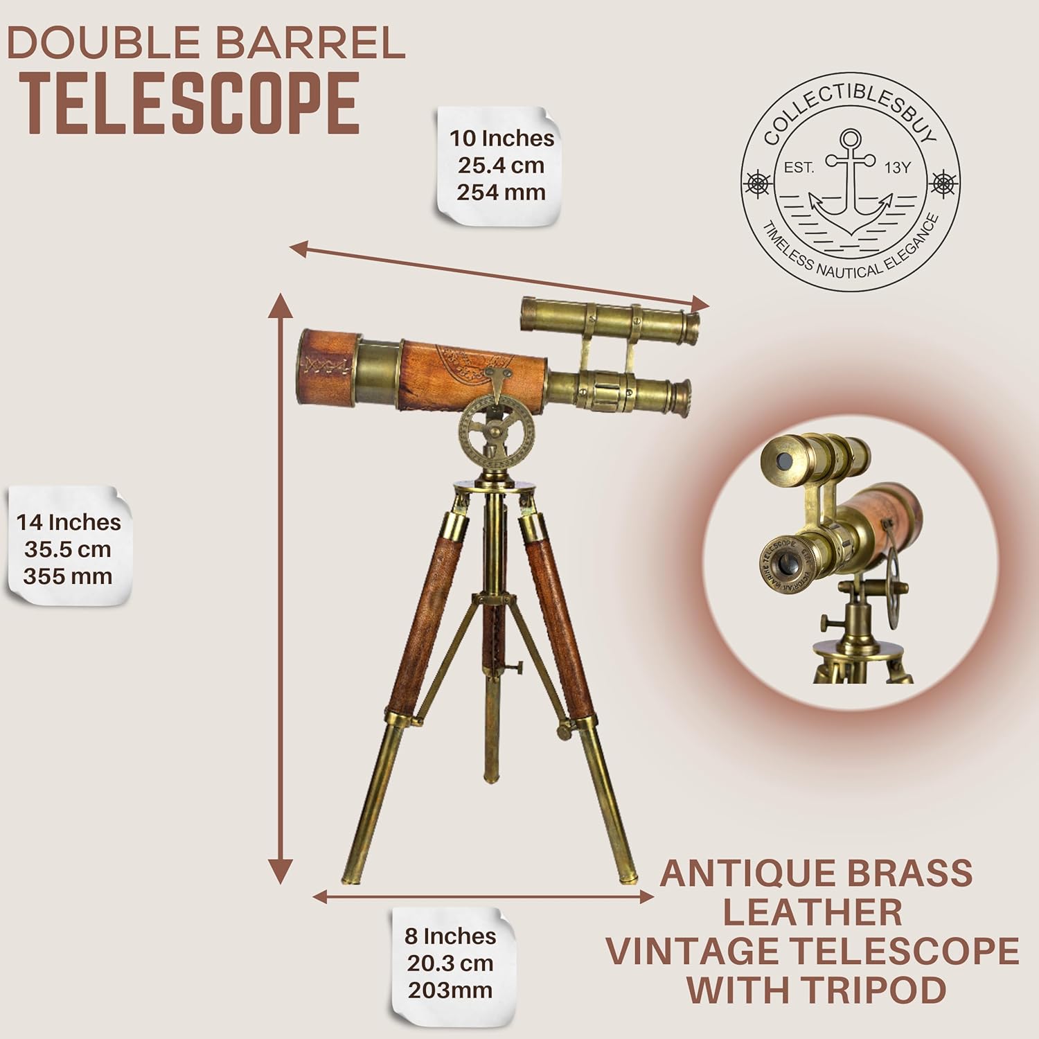 Double Barrel Brass & Leather Floor Standing Telescope 14" with Tripod Stand view 3