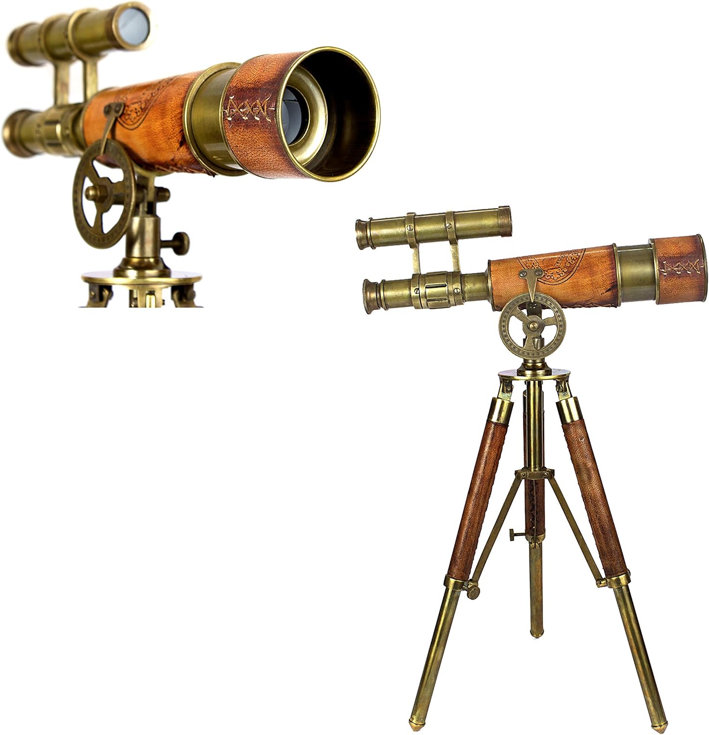 Double Barrel Brass & Leather Floor Standing Telescope 14" with Tripod Stand view 11
