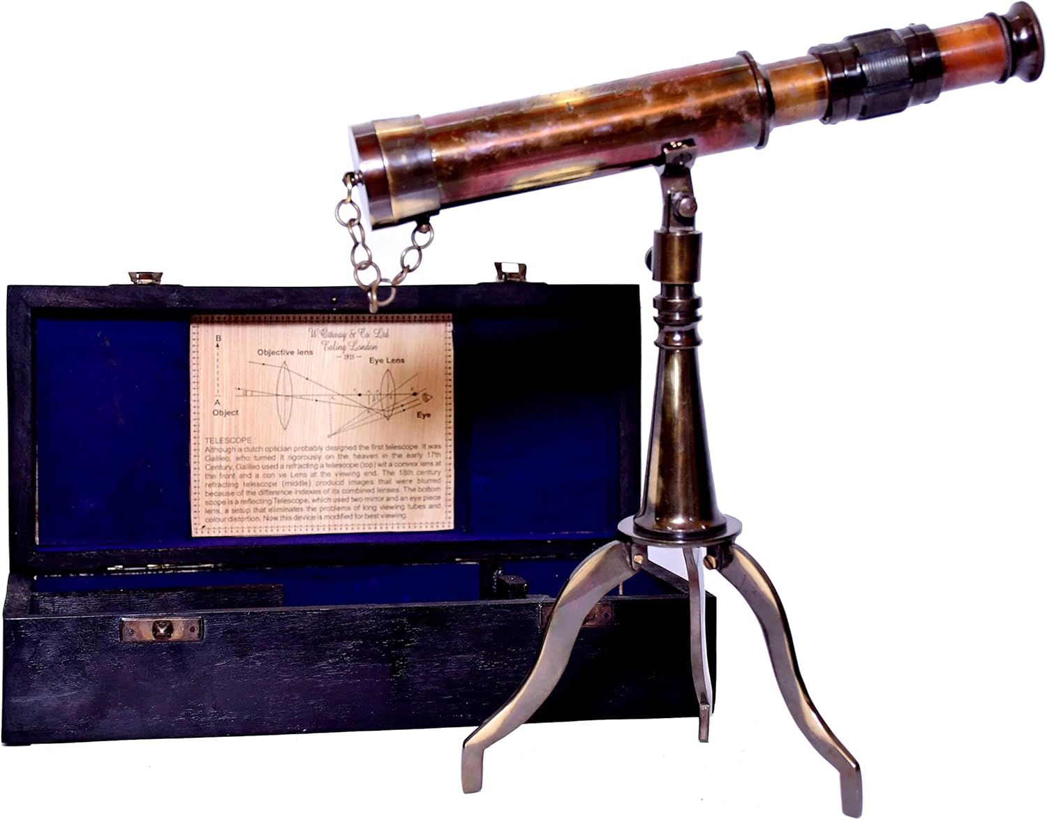 Brass Floor Standing Telescope 10" with Wooden Box + Foldable Brass Tripod Stand view 3