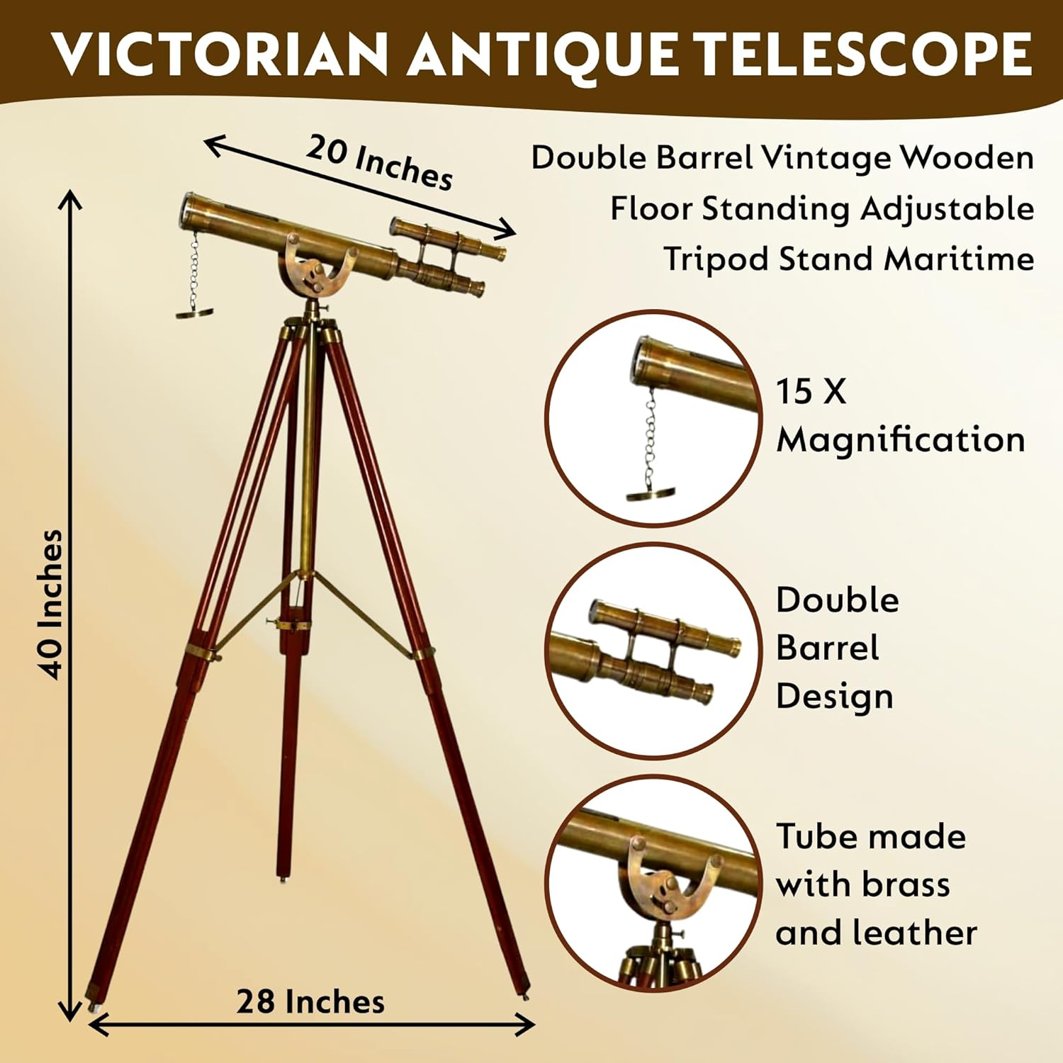 Double Barrel Brass Floor Standing Telescope 40" with Wooden Tripod view 2