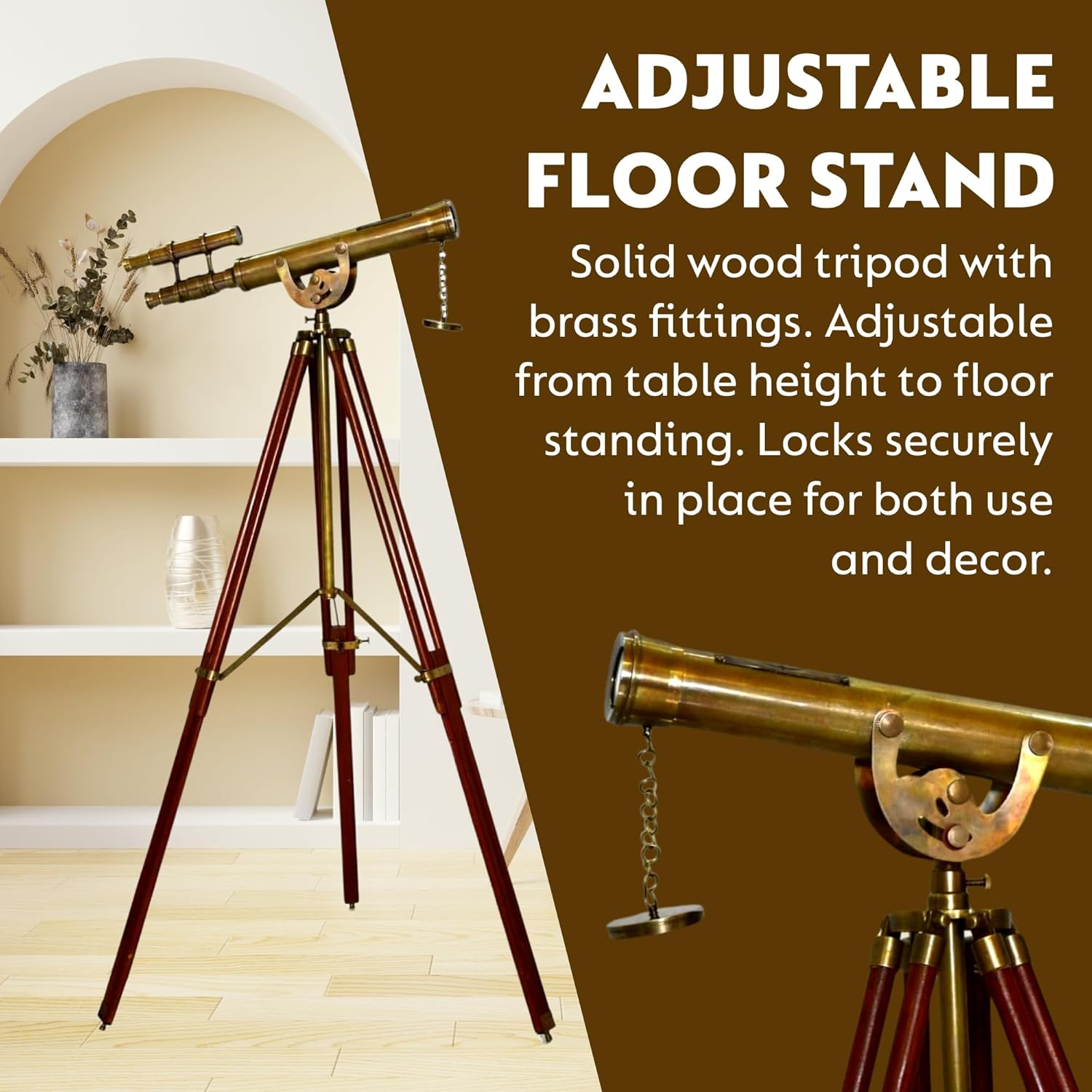 Double Barrel Brass Floor Standing Telescope 40" with Wooden Tripod view 3