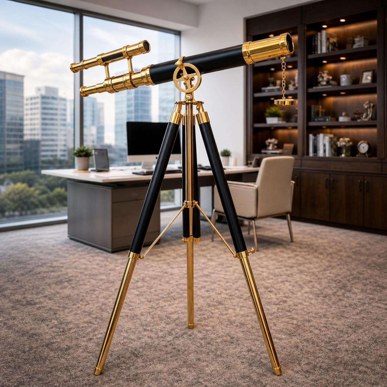 Double Barrel Brass & Leather Floor Standing Telescope 36" with Black Wooden Tripod view 2