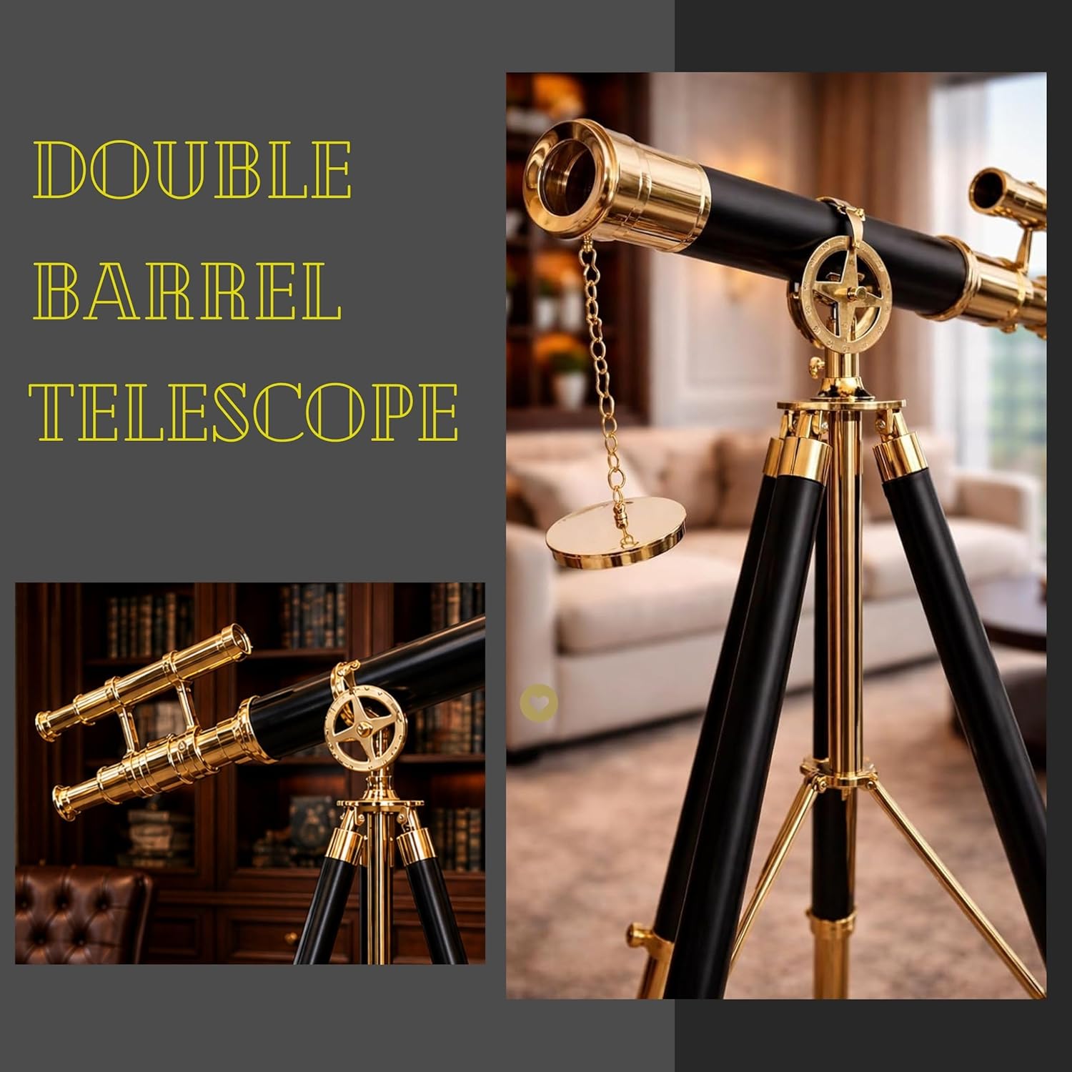 Double Barrel Brass & Leather Floor Standing Telescope 36" with Black Wooden Tripod view 8