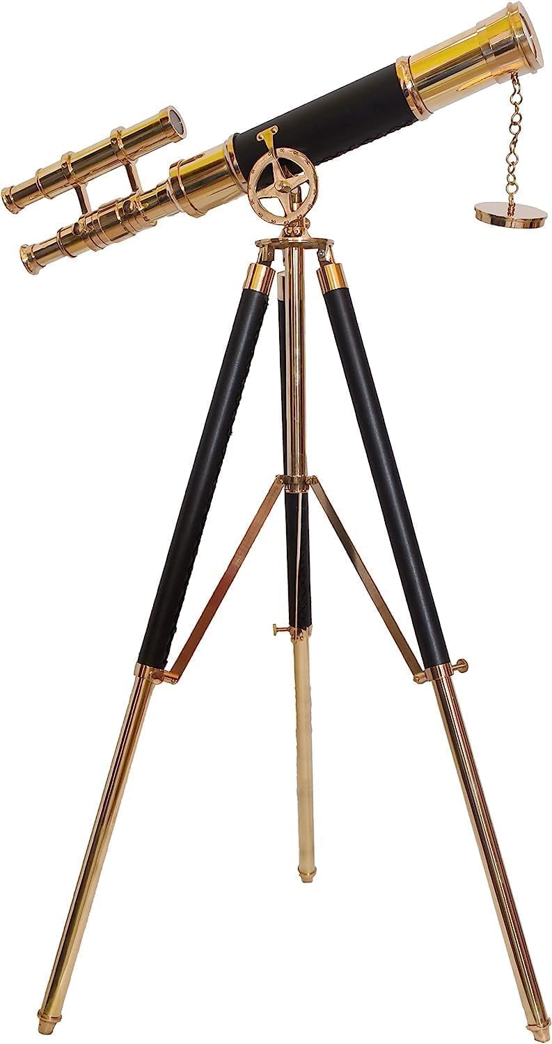 Double Barrel Brass & Leather Floor Standing Telescope 36" with Black Wooden Tripod view 9