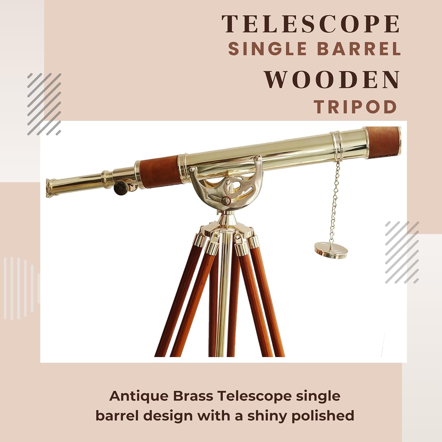 Brass, Leather & Wood Floor Standing Telescope 60" with Wooden Tripod view 4
