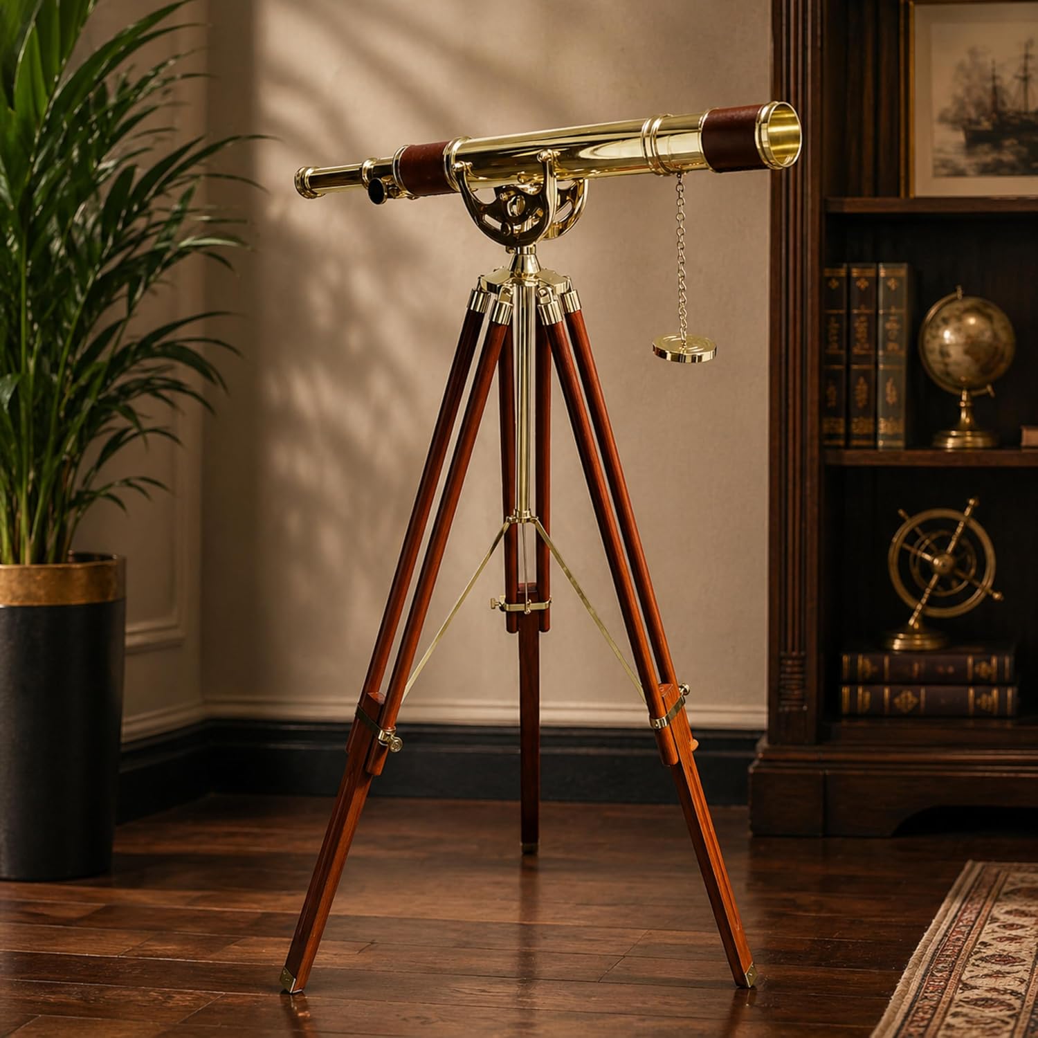 Brass, Leather & Wood Floor Standing Telescope 60" with Wooden Tripod view 6