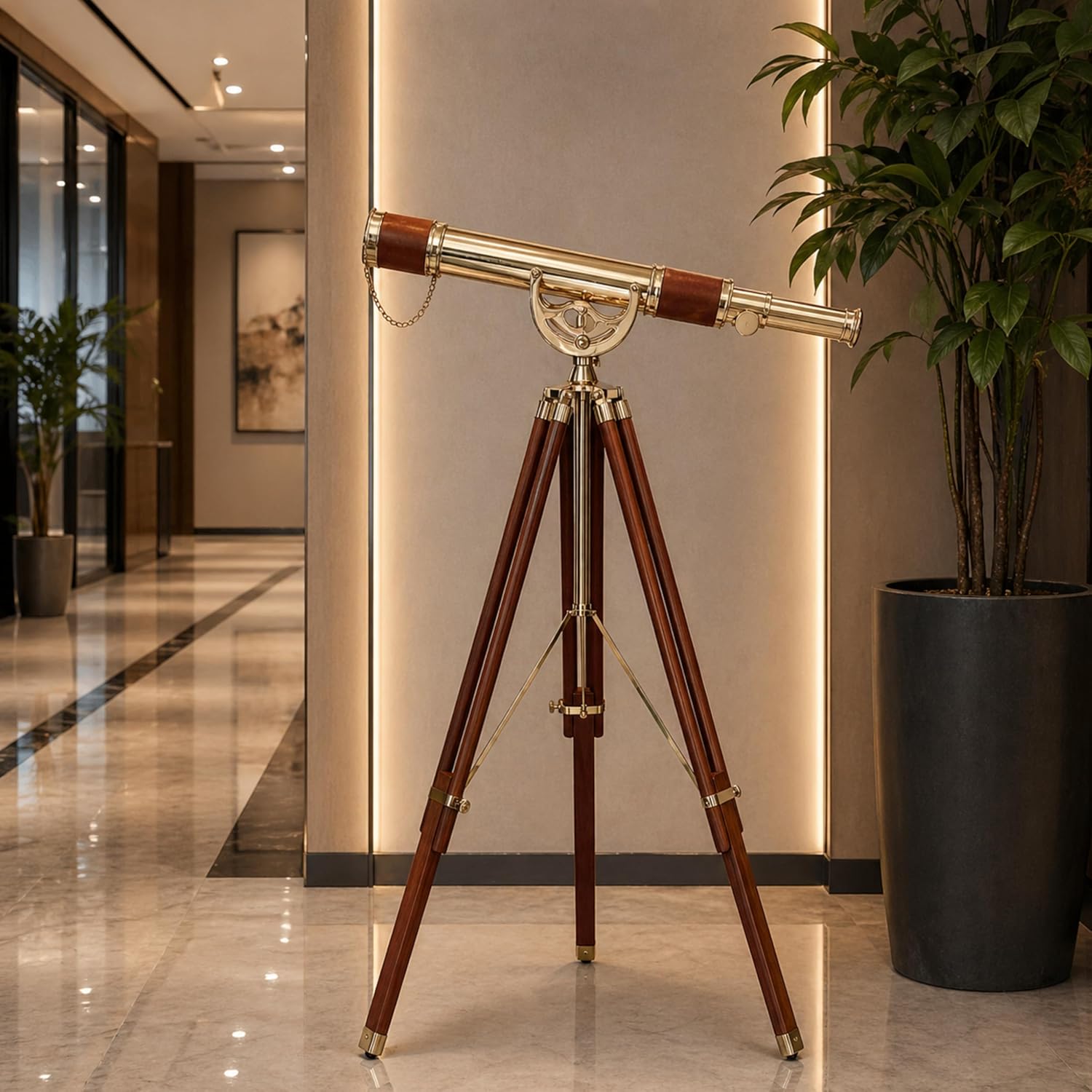 Brass, Leather & Wood Floor Standing Telescope 60" with Wooden Tripod view 7