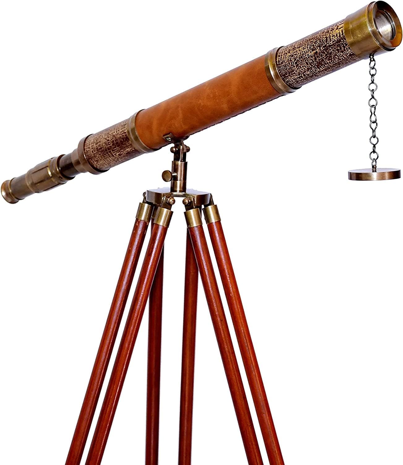 Brass & Leather Floor Standing Telescope 47" with Wooden Tripod view 2