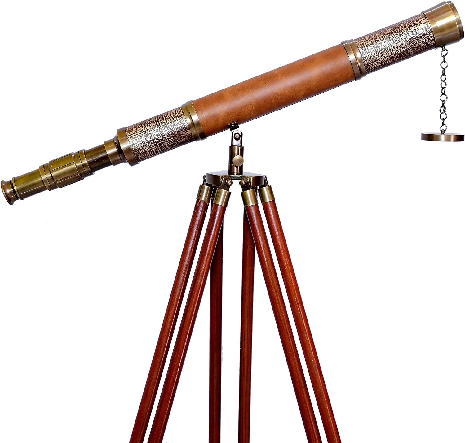 Brass & Leather Floor Standing Telescope 47" with Wooden Tripod view 3