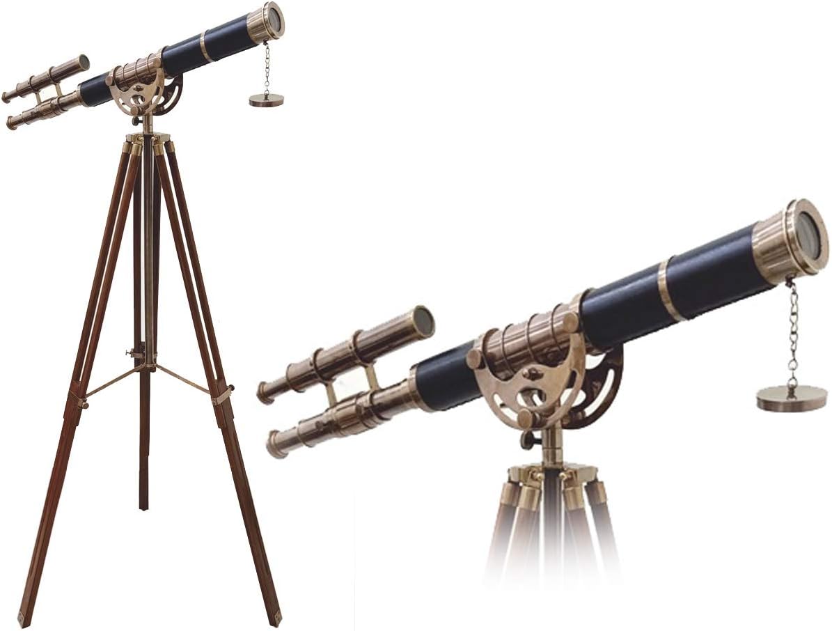 Double Barrel Brass & Leather Floor Standing Telescope 50" with Wooden Tripod view 4