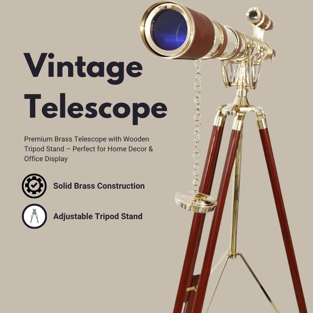 Double Barrel Brass & Leather Floor Standing Telescope 64" with Wooden Tripod view 2