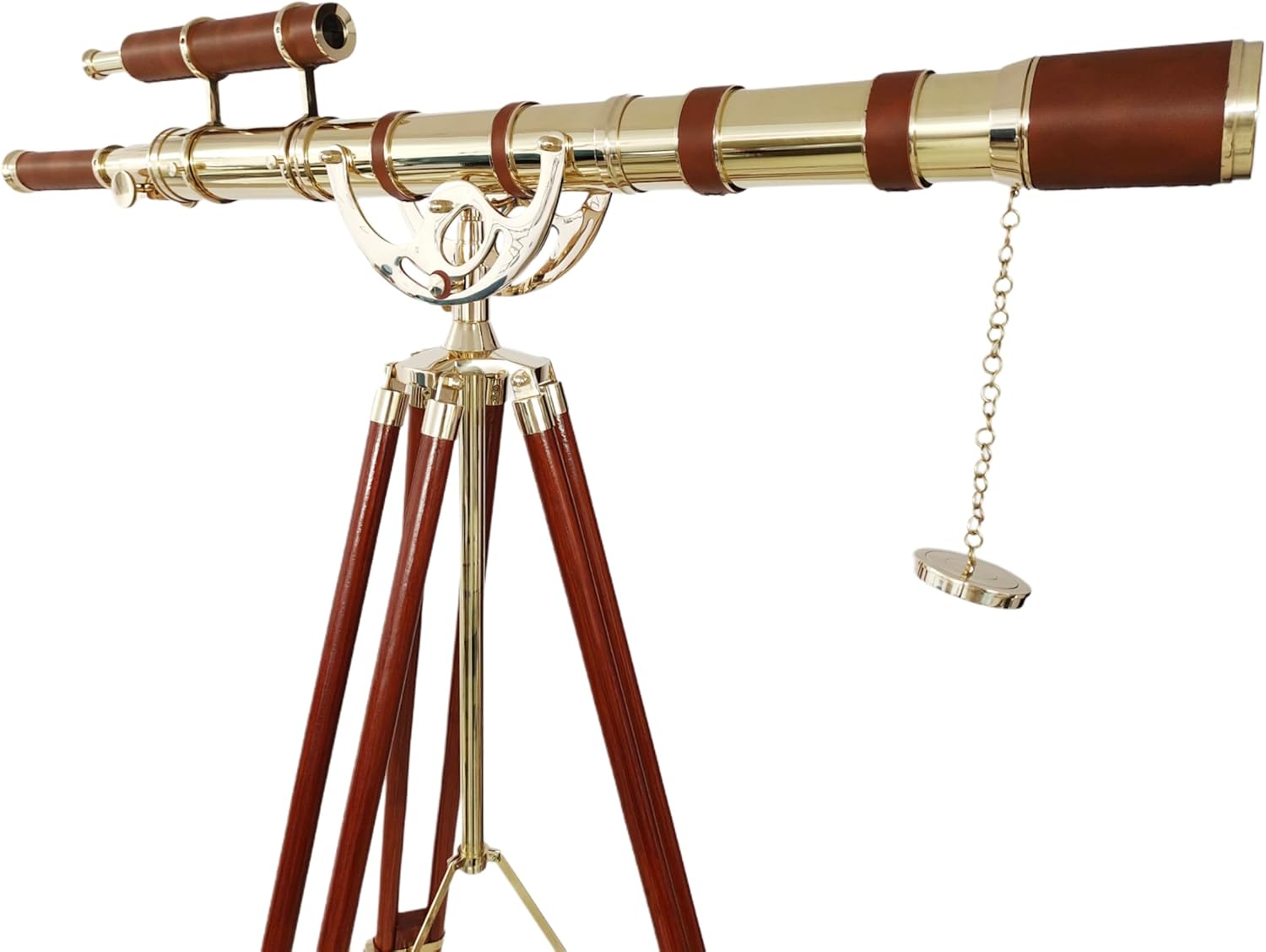 Double Barrel Brass & Leather Floor Standing Telescope 64" with Wooden Tripod view 3
