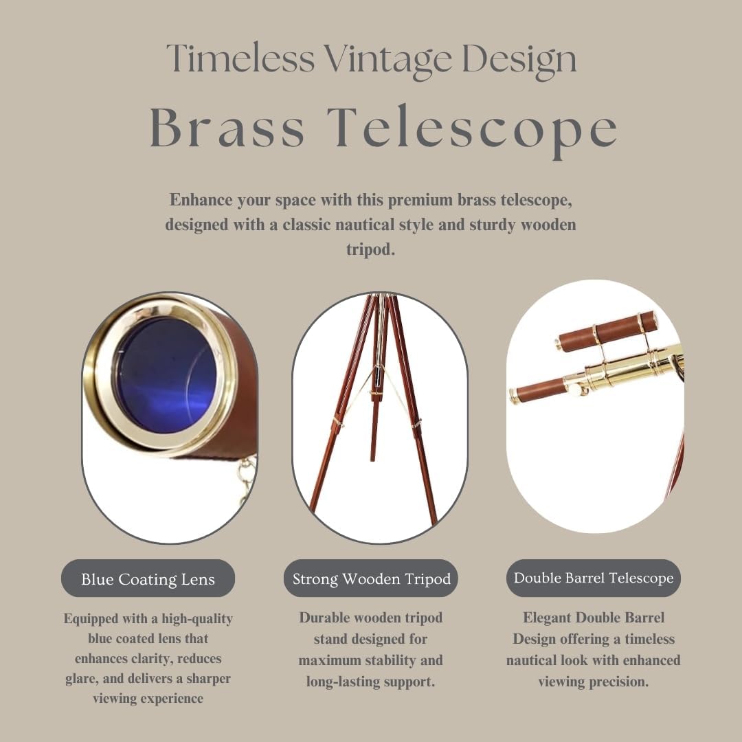 Double Barrel Brass & Leather Floor Standing Telescope 64" with Wooden Tripod view 4