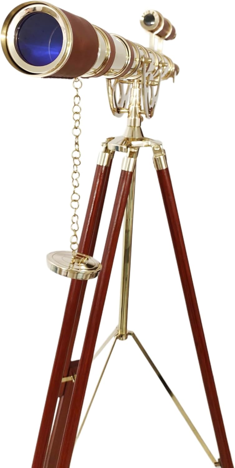 Double Barrel Brass & Leather Floor Standing Telescope 64" with Wooden Tripod view 6