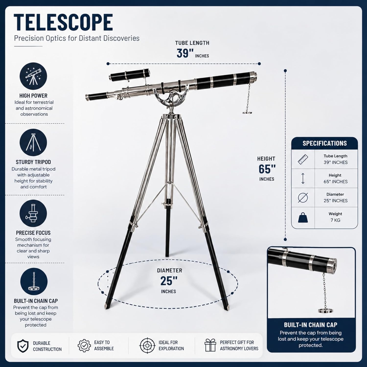 Double Barrel Chrome Finish Brass & Chrome Floor Standing Telescope 65" with Black Wooden Tripod view 3