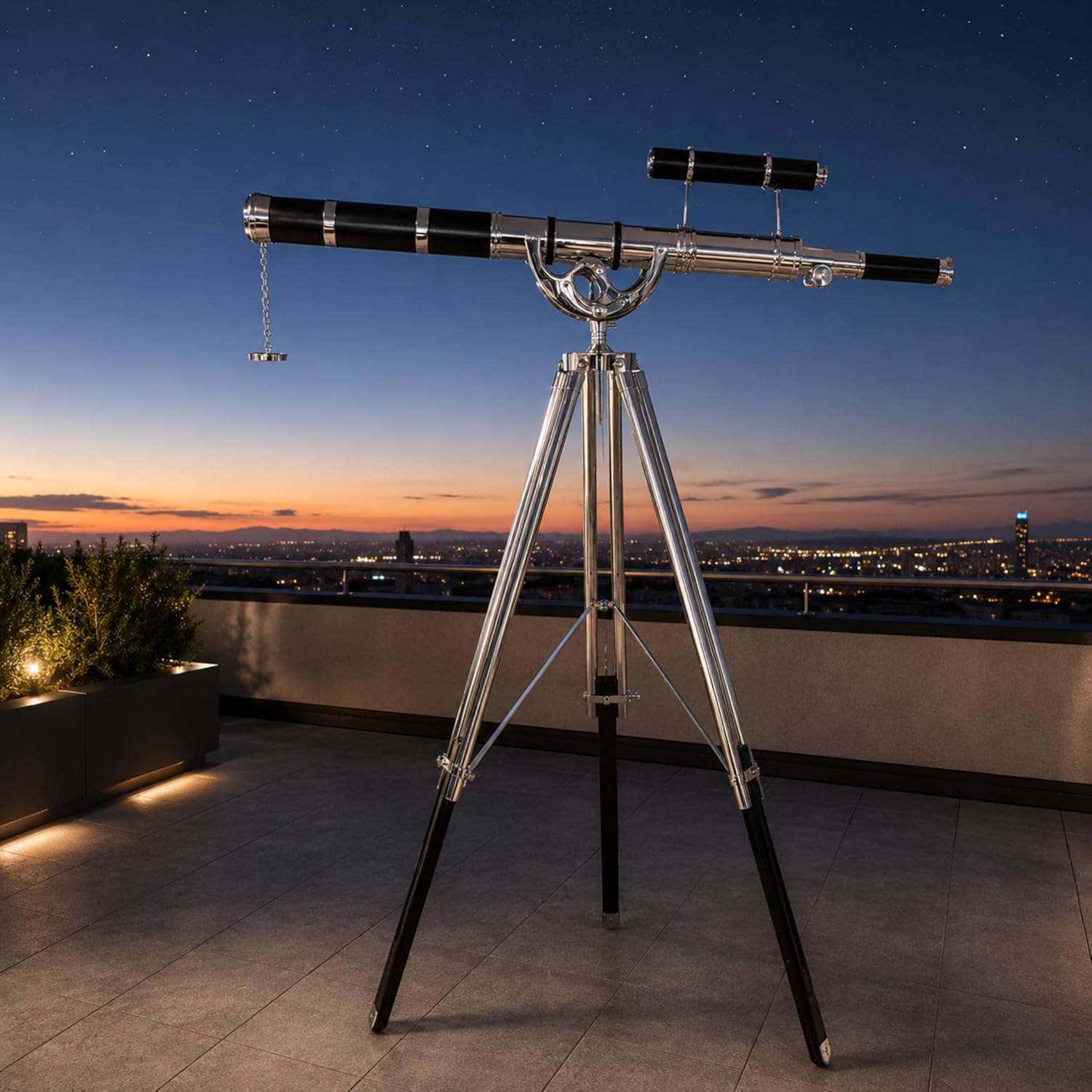 Double Barrel Chrome Finish Brass & Chrome Floor Standing Telescope 65" with Black Wooden Tripod view 5