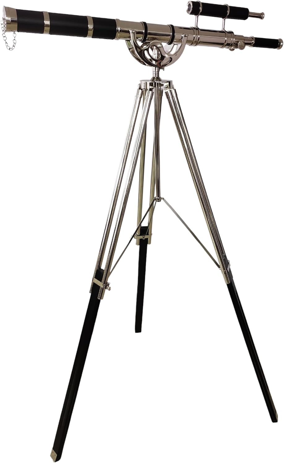 Double Barrel Chrome Finish Brass & Chrome Floor Standing Telescope 65" with Black Wooden Tripod view 7