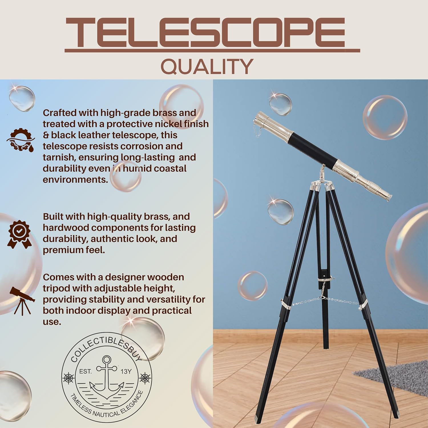 Brass Floor Standing Telescope 47" with Wooden Tripod view 2