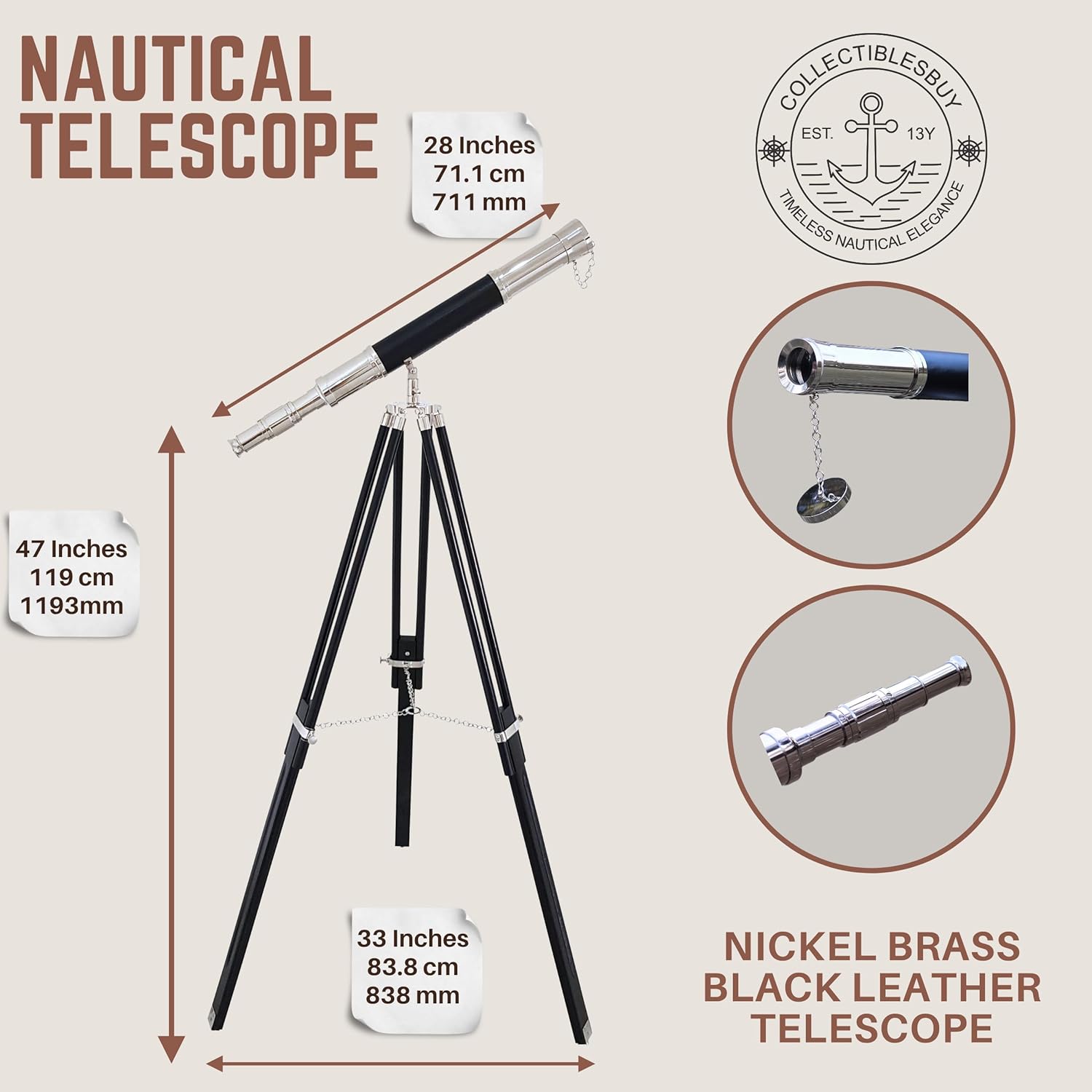 Brass Floor Standing Telescope 47" with Wooden Tripod view 3