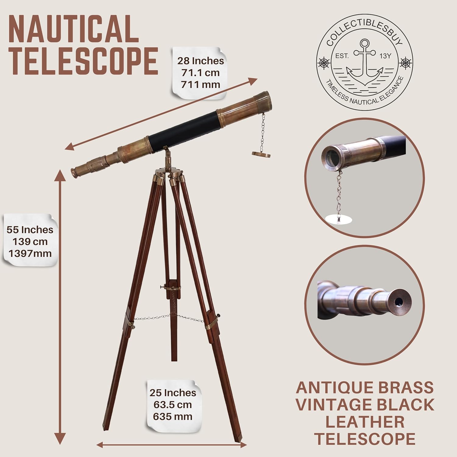 Brass Floor Standing Telescope 55" with Wooden Tripod view 3