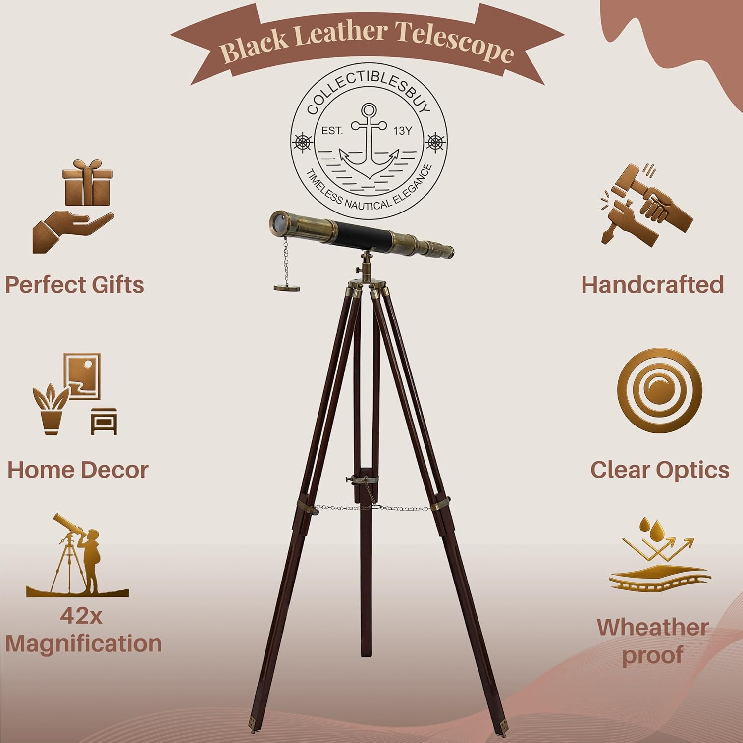 Brass Floor Standing Telescope 55" with Wooden Tripod view 4