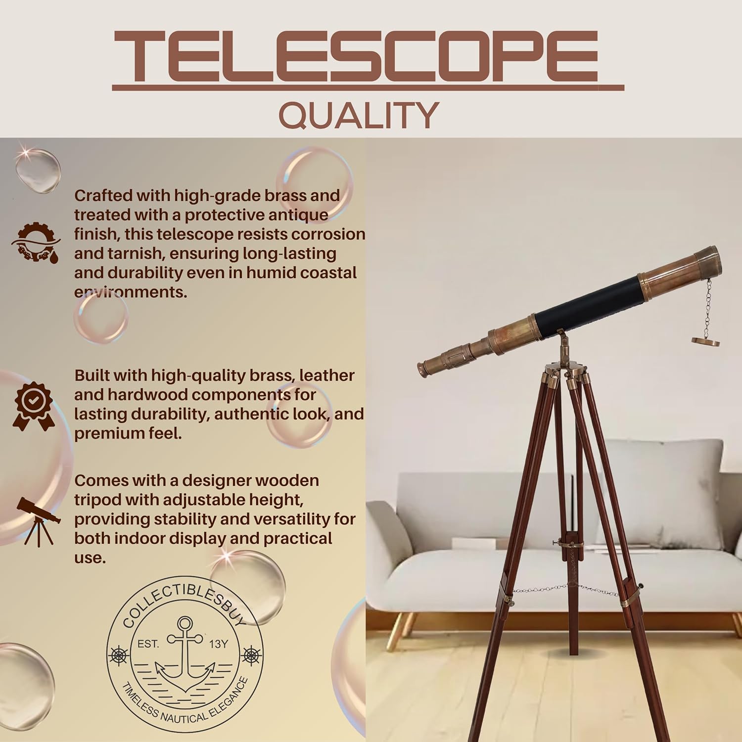 Brass Floor Standing Telescope 55" with Wooden Tripod view 5